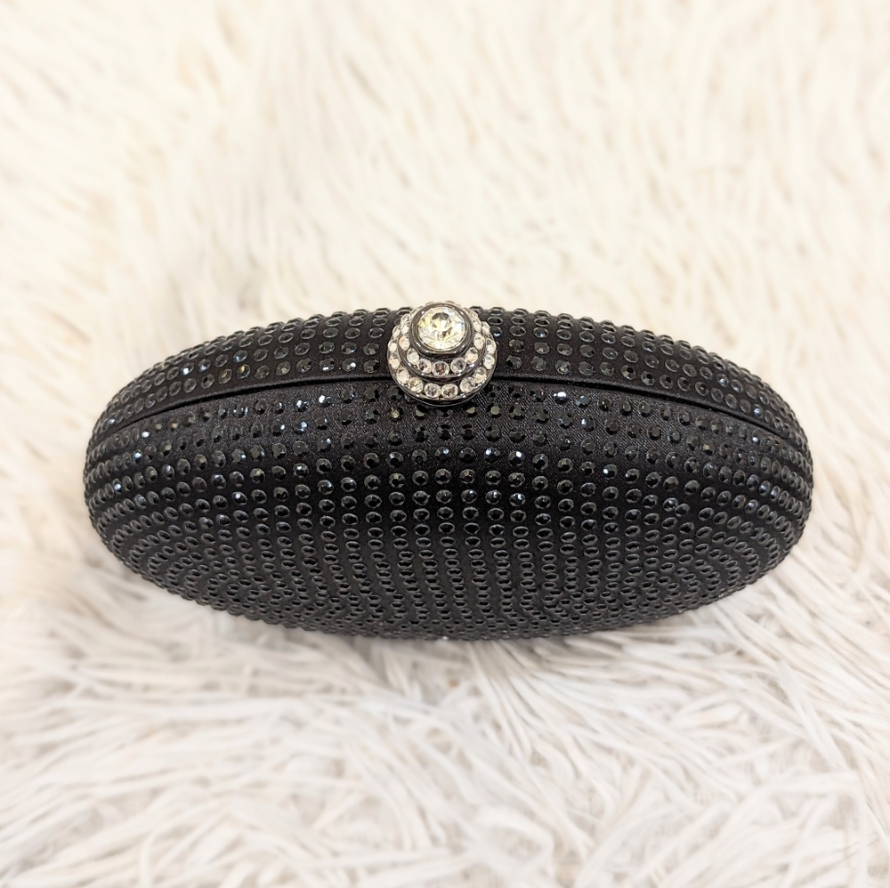 Black Rhinestone Oval Small Clutch Purse - Picture 2 of 7